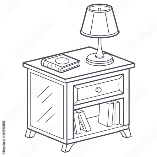 Simple line drawing of a bedside table with a lamp and books for a cozy bedroom