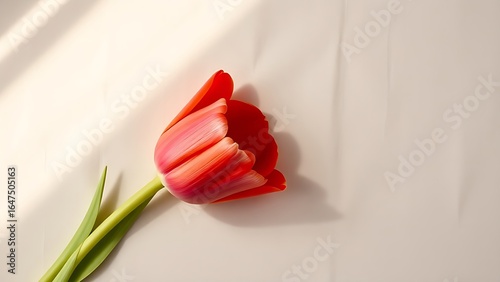 A single red tulip in full bloom rests on beige linen, surrounded by soft shadows and negative space.