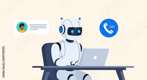 AI Assistant and Customer Service: This vibrant illustration portrays an AI assistant efficiently managing customer service tasks with modern technology, showcasing the power of innovation.