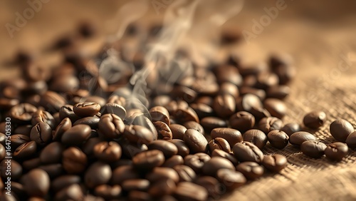 Freshly roasted coffee beans on burlap, steaming with warmth and rich texture.