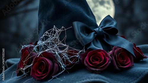 A velvet witch hat adorned with silver cobwebs and black satin ribbon, set against a mysterious moonlit Halloween backdrop.