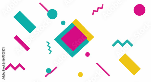 Geometric Shapes in Vibrant Colors, a modern abstract art work. The playful composition is made of geometric shapes with various colorful elements that bring a sense of fun. 