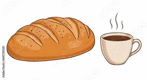 A delicious loaf of bread alongside a steaming cup of coffee, a perfect breakfast combination. The bread is golden brown and the coffee gives off visible steam