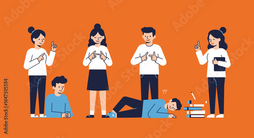 Students using sign language, one student overwhelmed by studies.