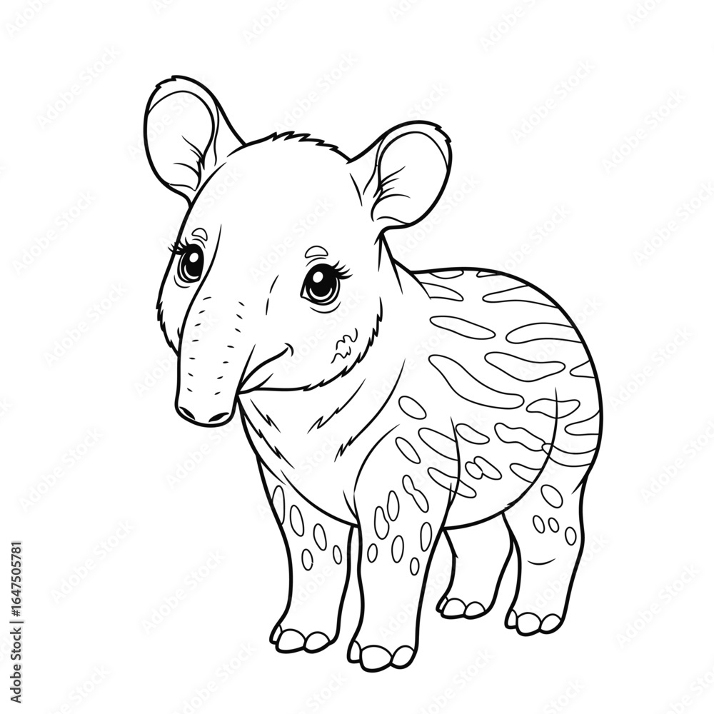 Fototapeta premium Baby Tapir Outline: An adorable baby tapir, a creature of the tropical forests, is depicted in a detailed black and white line drawing.
