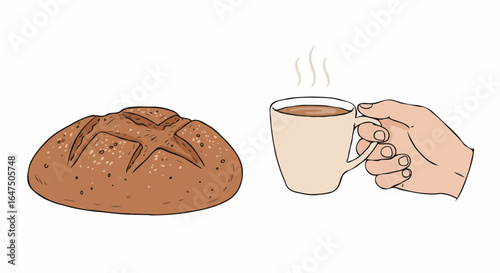A loaf of bread alongside a steaming cup of coffee, inviting you to enjoy a moment of warmth and comfort. The hand gently holds the cup, enhancing the feeling of coziness.