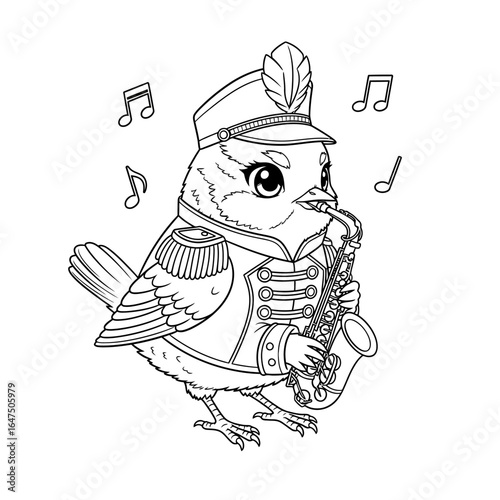 Musical Bird: A charming bird figure, donned in a band uniform, is captured in an adorable illustration. The image features the bird with musical notes around, passionately playing the saxophone.