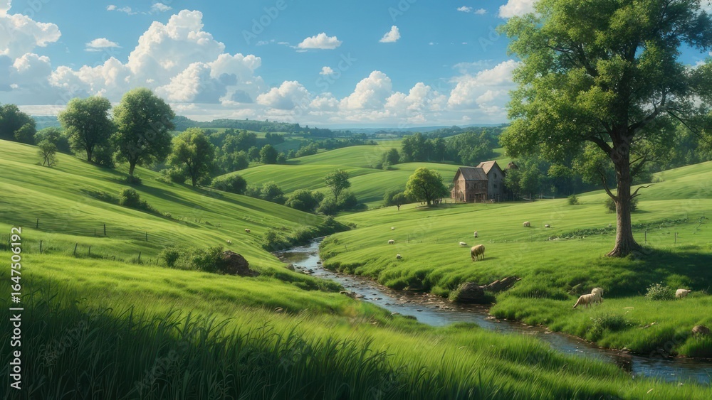 Fototapeta premium Lush green hills, serene valley