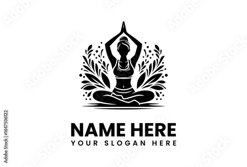 Silhouette of a Woman in Yoga Pose with Decorative Foliage.