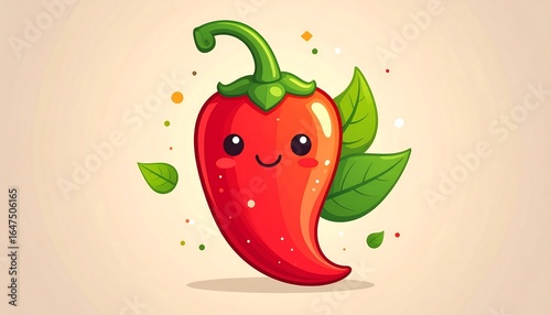 A cheerful red chili pepper illustration with a whimsical design and cute facial features