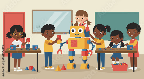 Children assemble a colorful robot in a classroom, building and learning together.