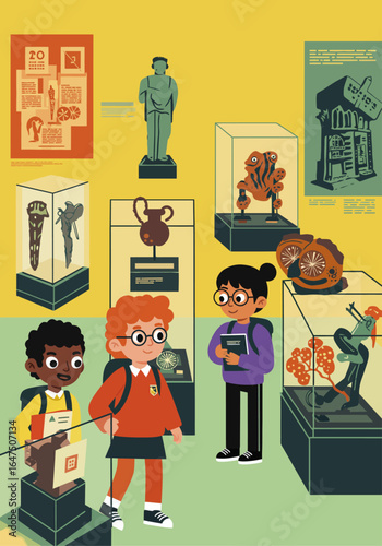 Children exploring a museum exhibit with various historical and scientific artifacts.
