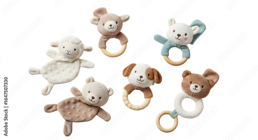 Naklejka premium Plush baby rattles offer a soft, textured surface. Featuring stuffed animals in natural light, ideal for product photography or baby store branding.