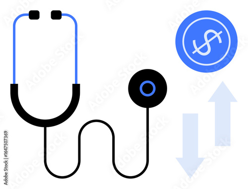 Stethoscope with a blue dollar icon and up-and-down arrows illustrating health expenses, economic changes, and medical cost analysis. Ideal for healthcare, finance, insurance, cost management