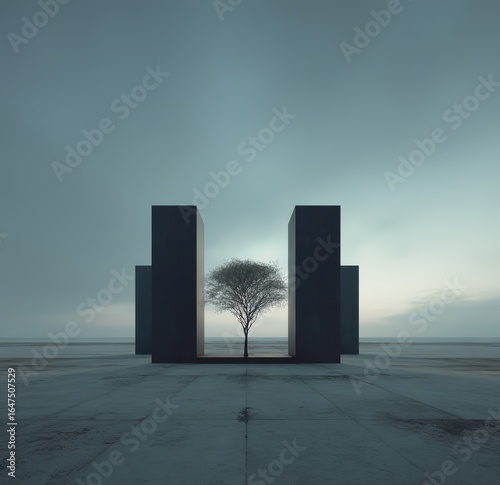 A minimalist composition, empty space, angular walls stretching to the horizon, with a tree in the distance