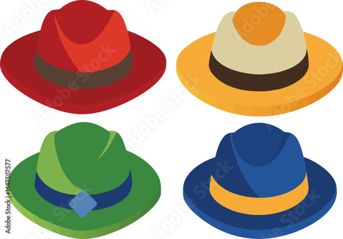 A vibrant collection of stylish hats in bold colors, from fedoras to top hats