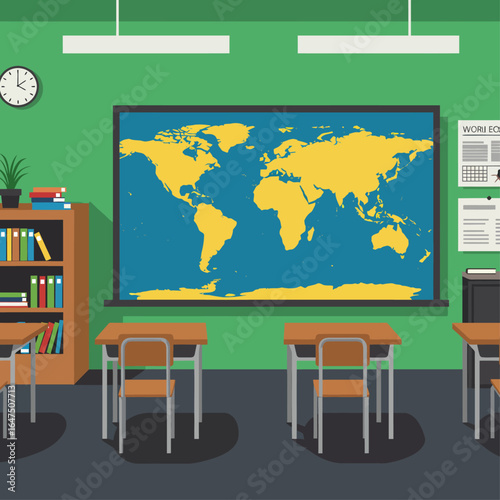 An empty classroom interior with a world map, desks, and a bookshelf, ready for learning.