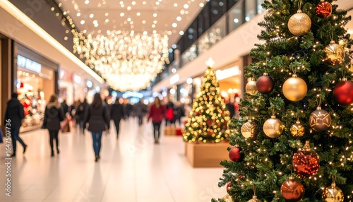 A festive Christmas tree with decorations stands in a busy shopping mall, with a blurred background of people and holiday lights.