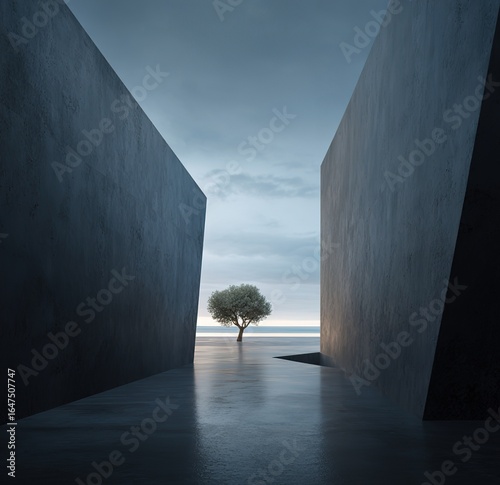 A minimalist composition, empty space, angular walls stretching to the horizon, with a tree in the distance