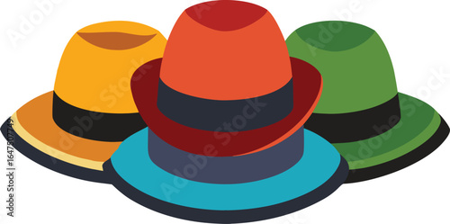 A vibrant collection of stylish hats in bold colors, from fedoras to top hats