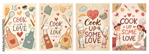Four whimsical illustrations showcasing cooking themes with love, featuring cheerful chefs and kitchen elements.