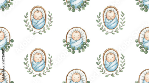 Seamless pattern of sleeping babies in baskets with leaf wreaths