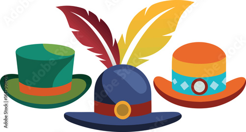 A vibrant collection of stylish hats in bold colors, from fedoras to top hats