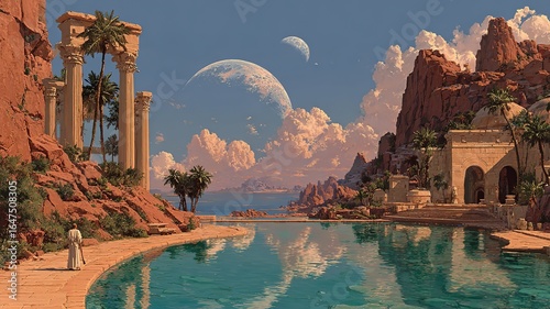 A still photo of an ancient Egyptian alien planet with water and a large moon hanging in the sky 