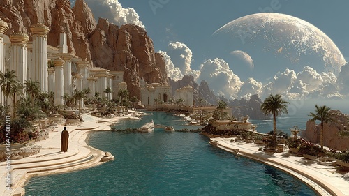 A still photo of an ancient Egyptian alien planet with water and a large moon hanging in the sky 