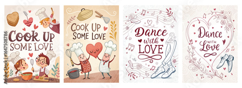 Playful illustrations promoting love through cooking and dancing, capturing fun and joy in every detail.