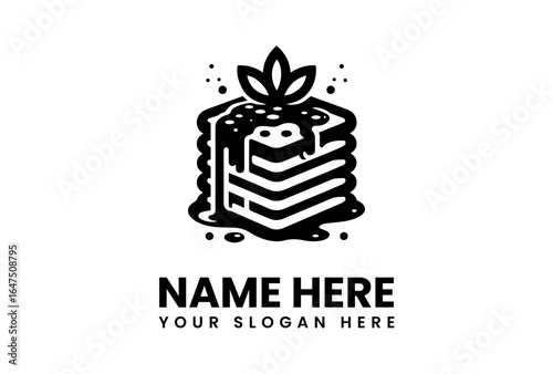 Stacked Pancakes Logo with Syrup Drizzle and Leafy Topping Design.