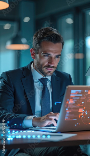 AI agent supporting business processes with automation technology. Generative artificial intelligence analyzing data and predicting future. Businessman using laptop computer.