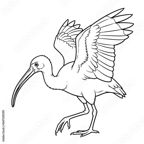 Graceful Ibis Contour in Flight: A minimalist outline showcases an ibis in mid-flight, its long curved beak and elegant wing span defining its characteristic posture and form.