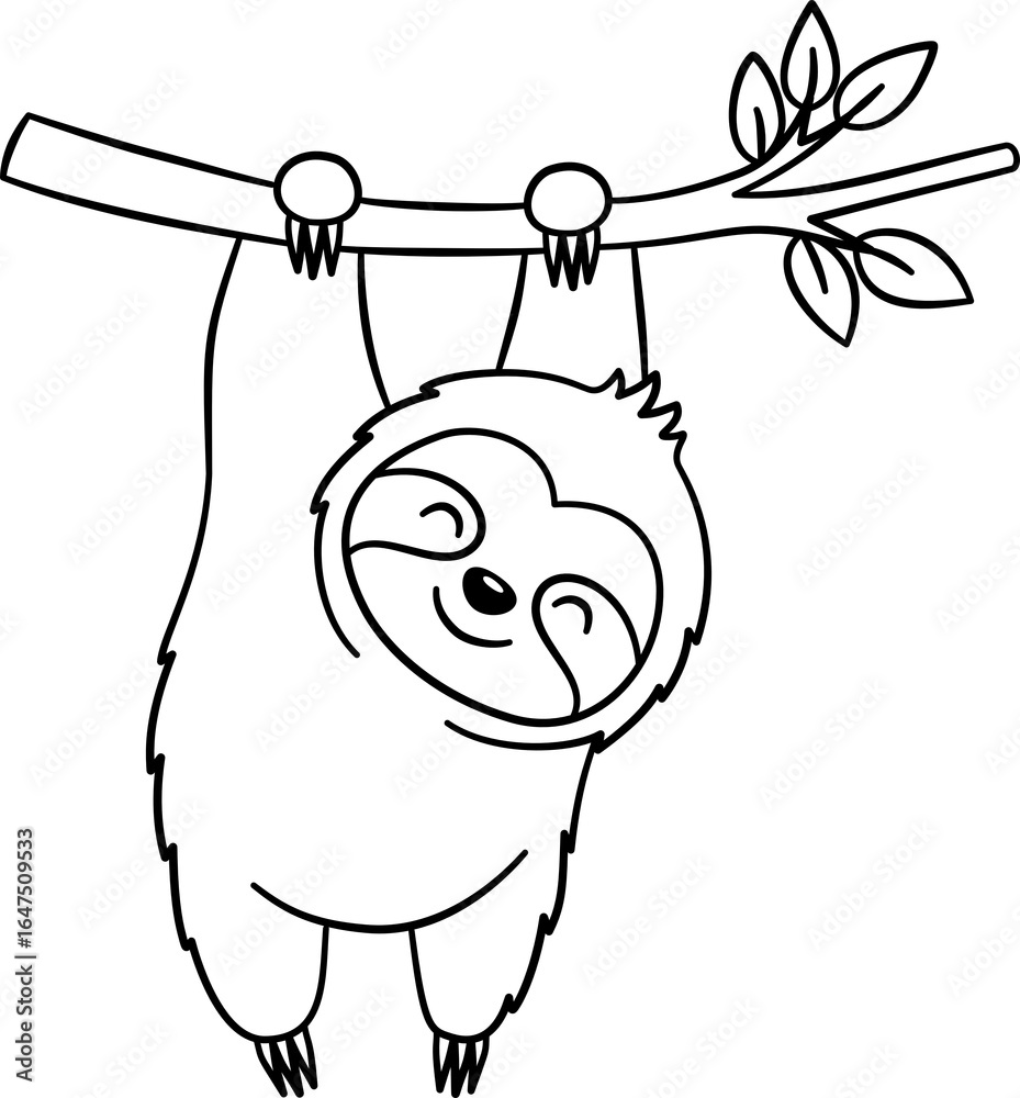 Obraz premium Cute Sloth Outline Cartoon PNG Transparent.