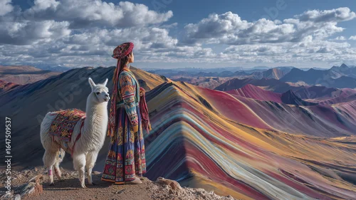 Fototapeta samoprzylepna Młoda kobieta w tradycyjnym stroju peruwiańskim spaceruje z lamą na tle Gór Tęczowych Vinicunca w Peru.

