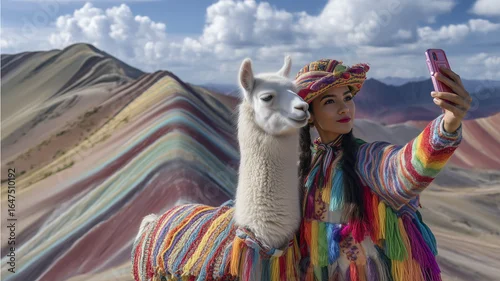 Fototapeta samoprzylepna Młoda kobieta w tradycyjnym stroju peruwiańskim robi selfie z lamą w kolorowym ubranku na tle Gór Tęczowych Vinicunca w Peru.