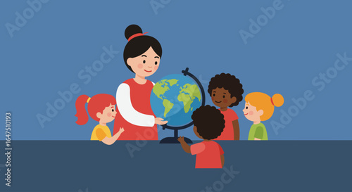 A female teacher educates a diverse group of young children about world geography using a classroom globe.