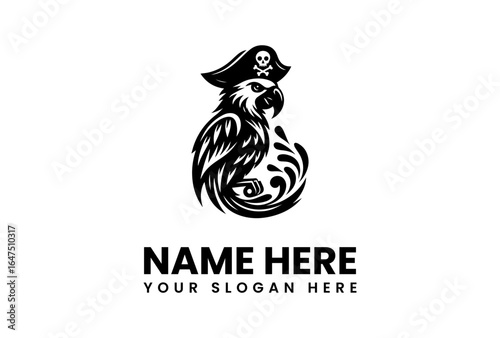 Striking Black and White Eagle Pirate Logo with Skull and Crossbones Hat.