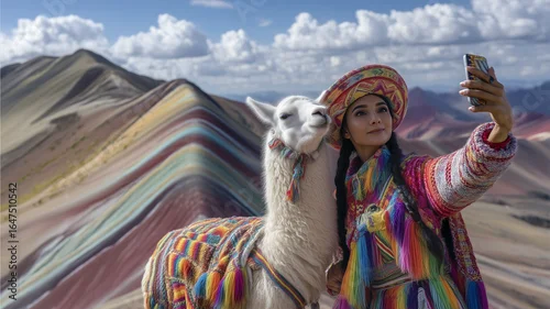 Fototapeta Młoda kobieta w tradycyjnym stroju peruwiańskim robi selfie z lamą w kolorowym ubranku na tle Gór Tęczowych Vinicunca w Peru.