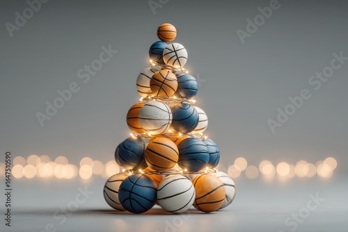 Creative basketball-themed holiday display featuring stacked balls with festive lights