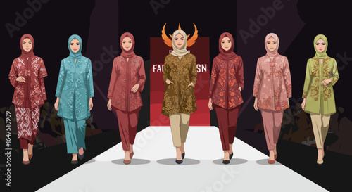 A group of Muslim women models wearing colorful traditional outfits and hijabs walking on a fashion runway.