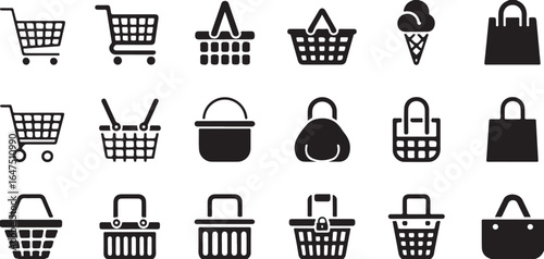 Shopping Cart, Basket, and Bag Icons in Black and White