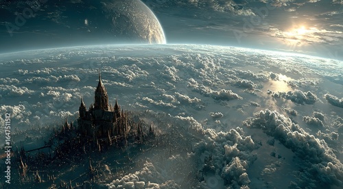 Black sky and blue glowing moon, floating city made of ancient ruins, a dark cinematic shot