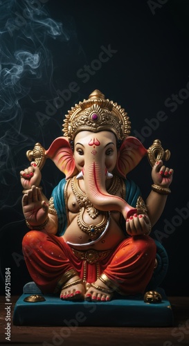 Lord Ganesha Idol: A Majestic Sculpture in Vibrant Hues with Incense Smoke