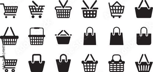 Shopping Cart, Basket, and Bag Icons in Black and White