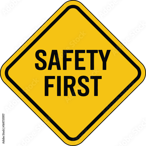 Safety first sign yellow caution warning hazard workplace prevention risk secure protection alert 100 char silhouette