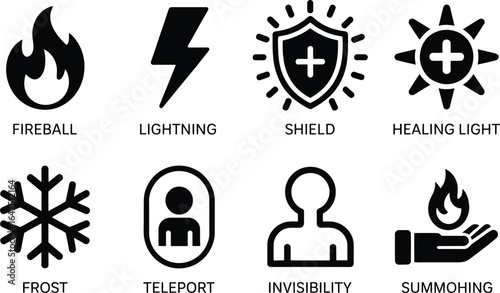 Black Icons Set Fireball, Lightning, Shield, Healing Light, Frost, Teleport, Invisibility