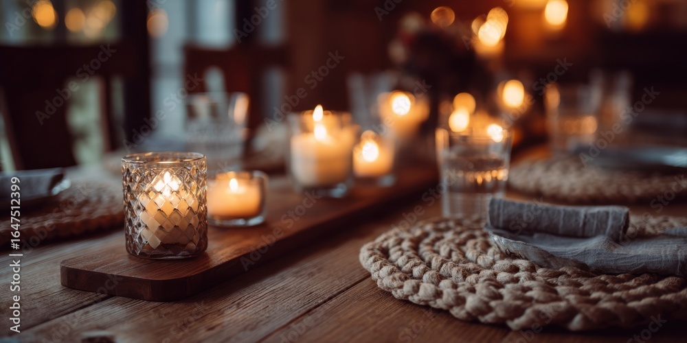 Fototapeta premium Cozy dining room setup with wooden table and glowing candles