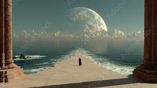 A still photo of an ancient Egyptian alien planet with water and a large moon hanging in the sky 