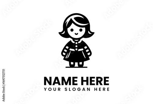 Stylized Cartoon Girl in Dress with Buttons and Striped Sleeves Icon.